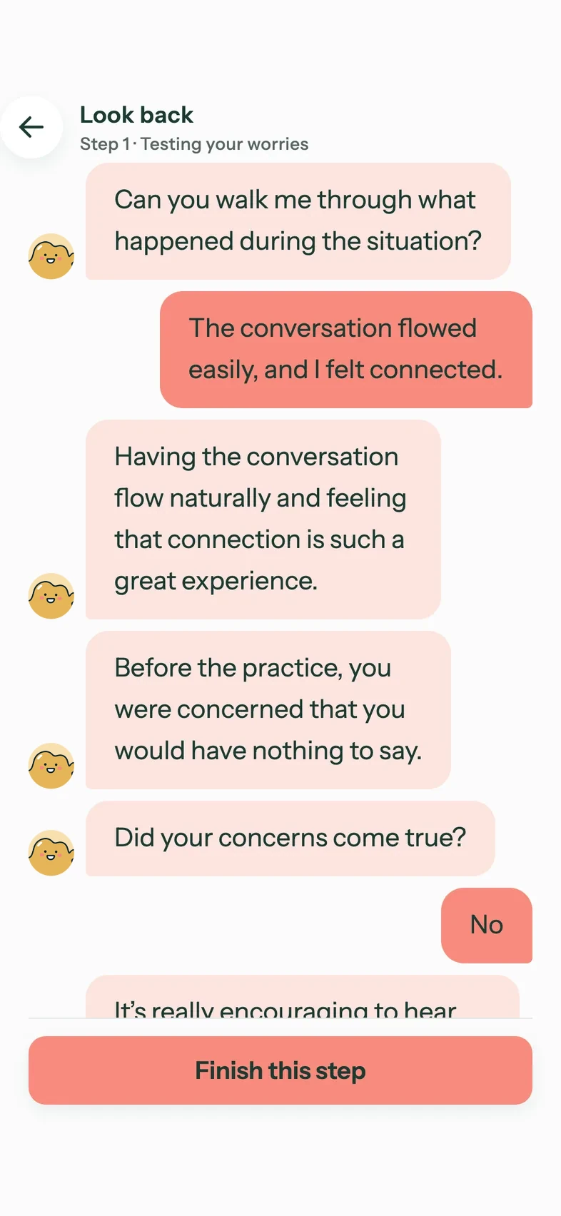 The Jollido app's Look back chat: the conversation flowed easily, the coach recalls the worry of having nothing to say, and it did not come true