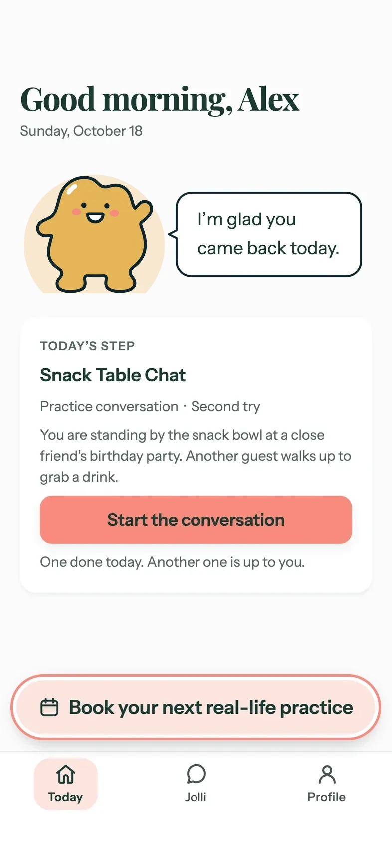 The Jollido app's Today screen after the practice: the next task, a practice conversation, and a highlighted button to book the next real-life practice