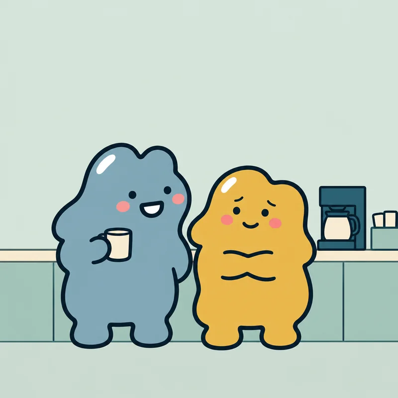A yellow blob with its arms crossed and a tight smile while a blue colleague asks it about itself