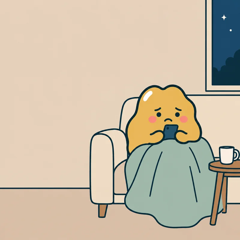 A yellow blob alone under a blanket in the evening, looking sadly at its phone after sending an excuse