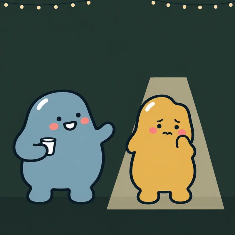 A yellow blob at a party under an imagined spotlight, touching its cheek and not listening to its friend