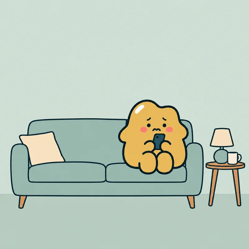 A yellow blob curled up on its sofa the evening before a meeting, staring at its phone with a worried frown