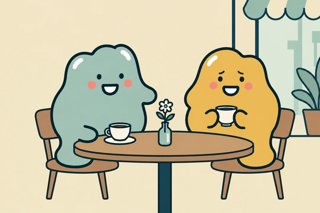 A yellow blob on a café date, holding its cup with a stiff, nervous smile