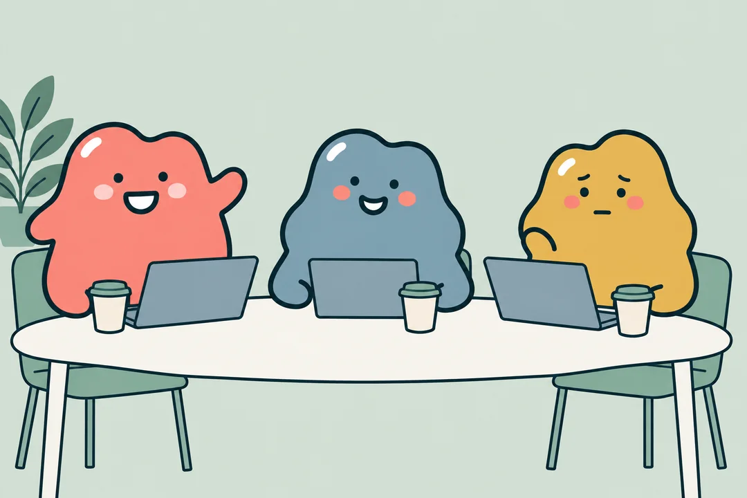 A yellow blob at a meeting table with two others, looking unsure and holding back