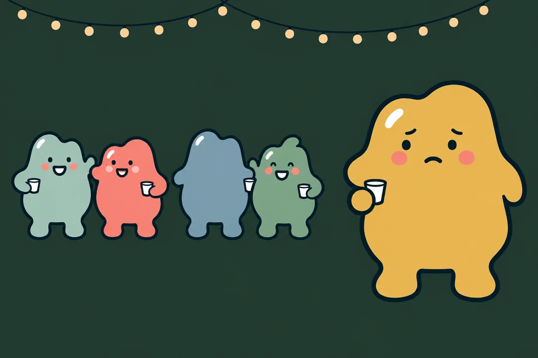A yellow blob alone at the edge of a party, holding its drink and watching the others talk