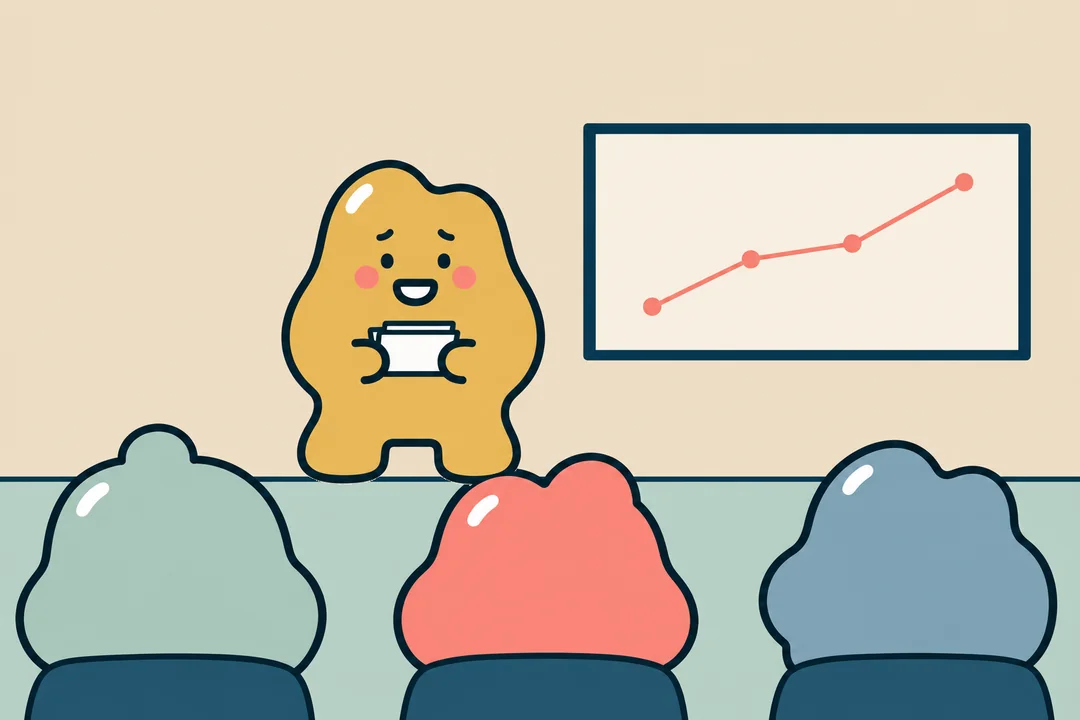 A yellow blob giving a talk in a meeting room, holding its note cards with a tense smile