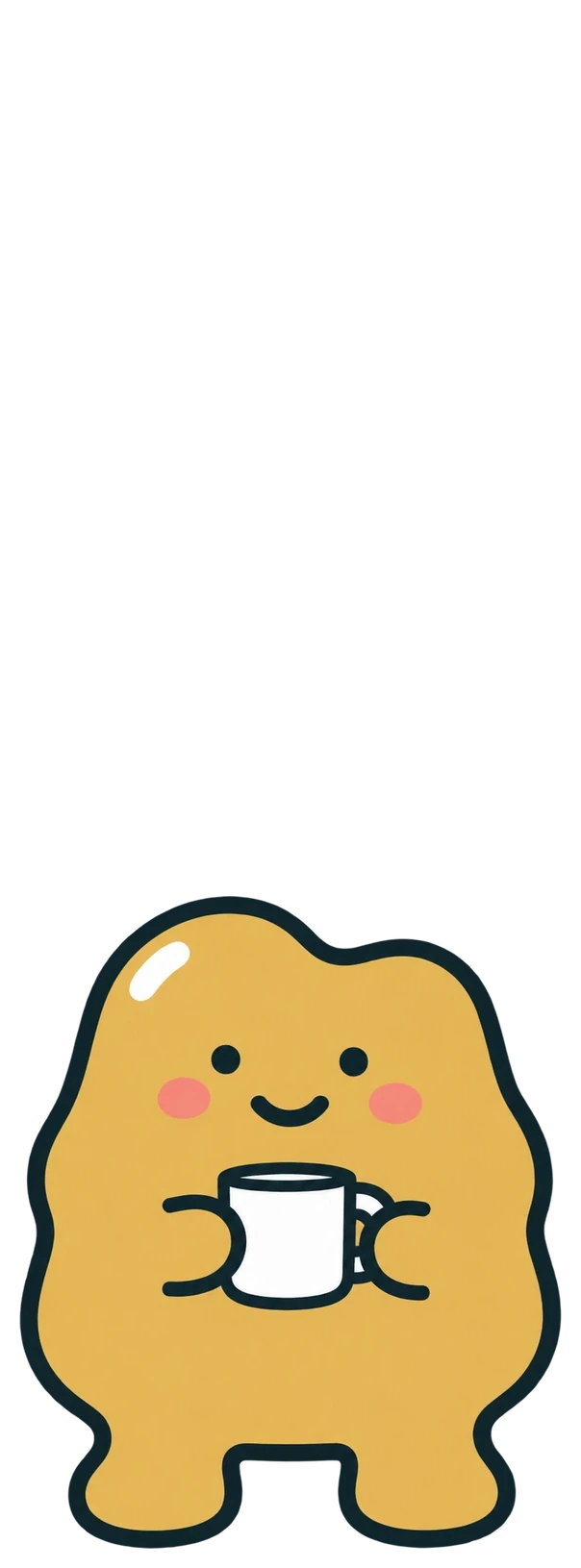 A yellow blob standing calmly, holding a white mug with both hands and smiling