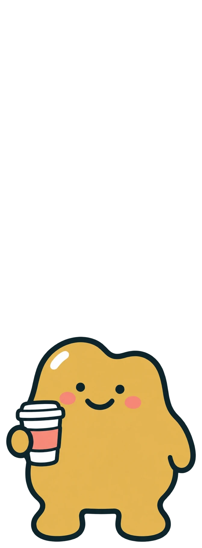 A relaxed yellow blob holding a take-away coffee cup, with a playful smile